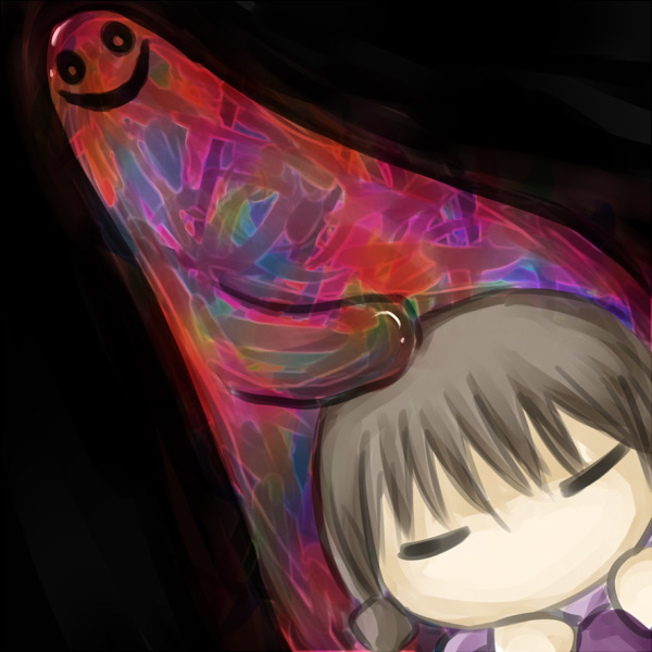 shimo (depthbomb), kyukkyu-kun, madotsuki, yume nikki, 1girl, black background, brown hair, closed eyes, dark, glowing, glowing eyes, hand on another's head, headpat, smile