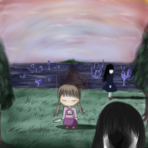 shimo (depthbomb), madotsuki, yume nikki, 3girls, bridge, knife, long hair, multiple girls, outdoors, pink shirt, scenery, shirt, surreal, water