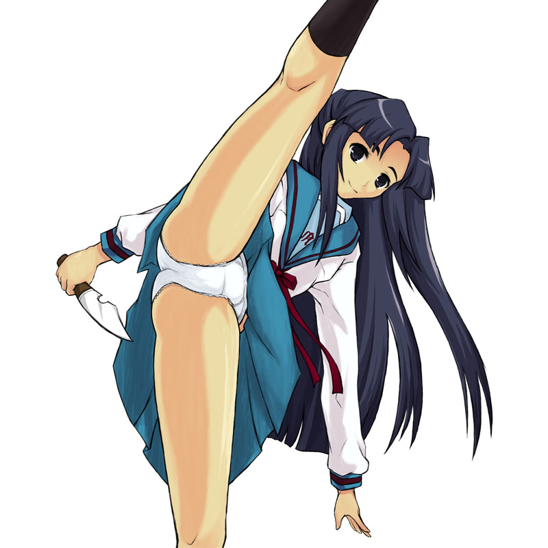 rohto, asakura ryoko, suzumiya haruhi no yuuutsu, 00s, blue eyes, blue hair, high kick, kicking, knife, long hair, panties, school uniform, serafuku, socks, solo, underwear