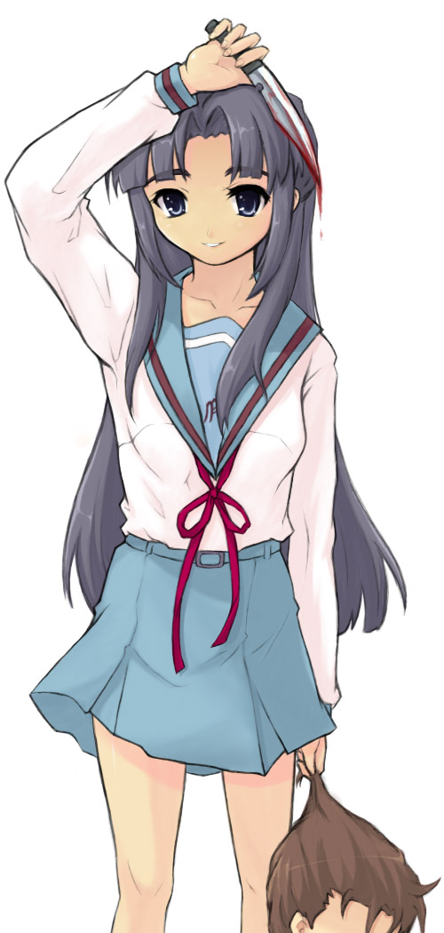 rohto, asakura ryoko, kyon, taniguchi (suzumiya haruhi), suzumiya haruhi no yuuutsu, 00s, blood, blue eyes, blue hair, knife, long hair, school uniform, serafuku