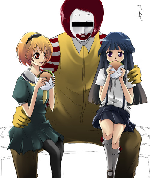 furude rika, houjou satoko, ronald mcdonald, higurashi no naku koro ni, mcdonald's, 00s, 1boy, 2girls, blonde hair, blue hair, burger, censored, censored identity, food, long hair, multiple girls, pantyhose, satire, short hair, you gonna get raped