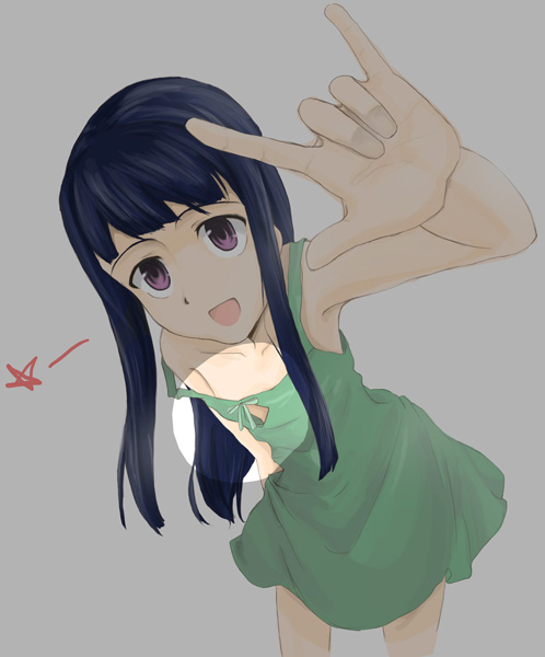 furude rika, higurashi no naku koro ni, 00s, 1girl, blue hair, female focus, flat chest, green skirt, m/, skirt, solo