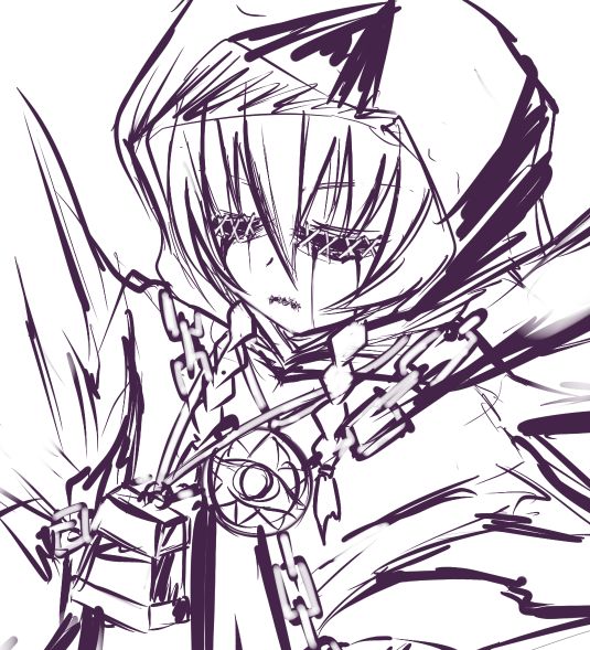 shimo (depthbomb), curse maker, curse maker 2, etrian odyssey, 1girl, bell, blood, bloody tears, chain, female focus, hood, monochrome, purple theme, sewing, solo, stitches, twintails