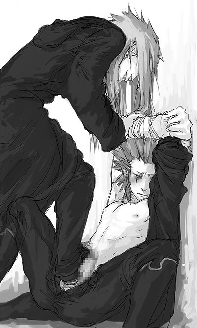 axel, saix, kingdom hearts, kingdom hearts ii, blush, crotch stomping, feet, footjob, male focus, open clothes, open shirt, penis, rape, shirt, shoejob, spread legs, stomping, tears, topless male, torture, yaoi