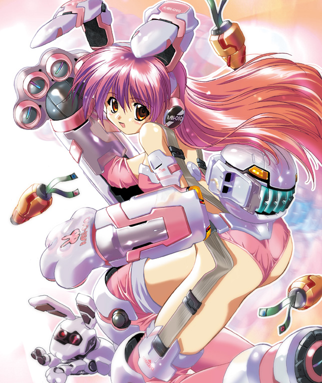 komatsu eiji, 1girl, animal ears, carrot, female focus, mecha musume, orange eyes, pink hair, rabbit ears, rabbit girl, solo
