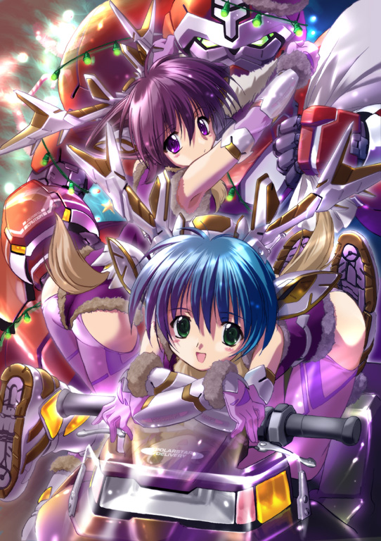 komatsu eiji, fur, lights, vehicle, 2girls, animal ears, armpits, ass, bent over, blue hair, blush, christmas, crossed arms, elbow gloves, gloves, green eyes, mecha, mecha musume, motor vehicle, motorcycle, multiple girls, purple eyes, purple hair, robot, sack, tail, thighhighs