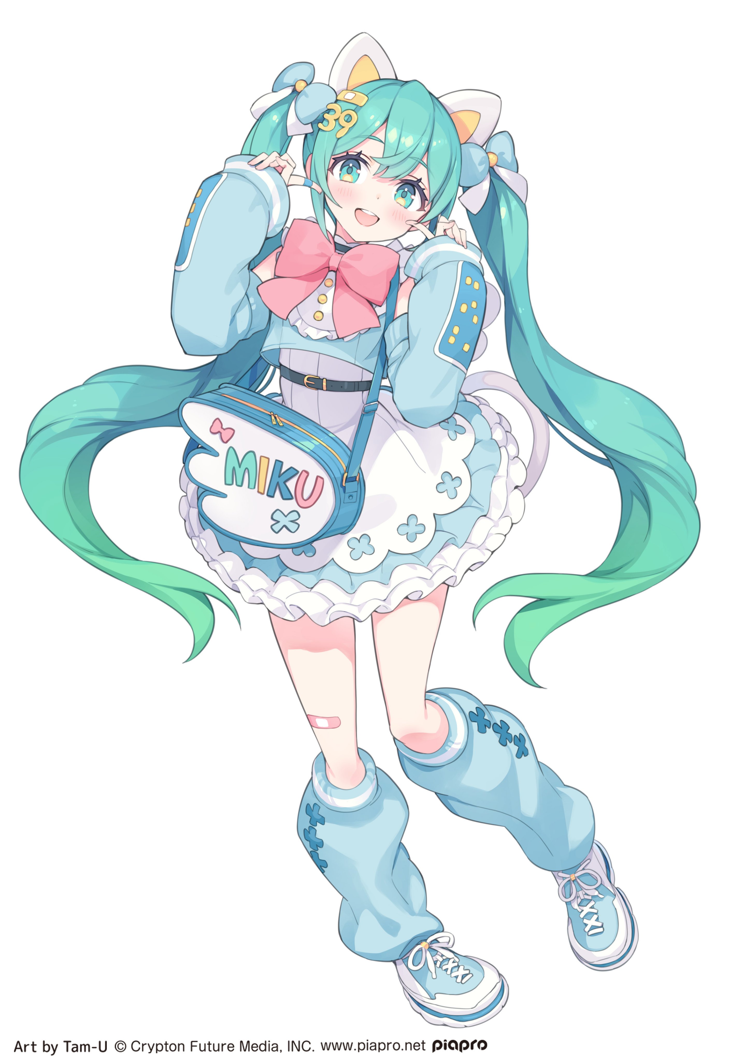 tam-u, hatsune miku, vocaloid, absurdres, commentary request, highres, official art, 1girl, :d, animal ears, bag, bandaid, bandaid on leg, blue dress, blue shoes, blue socks, blush, bow, bowtie, cat ears, character name, copyright notice, double-parted bangs, dress, frilled dress, frills, full body, green eyes, green hair, hair between eyes, hands up, long hair, long sleeves, looking at viewer, open mouth, red bow, red bowtie, shoes, simple background, smile, sneakers, socks, solo, standing, twintails, very long hair, white background