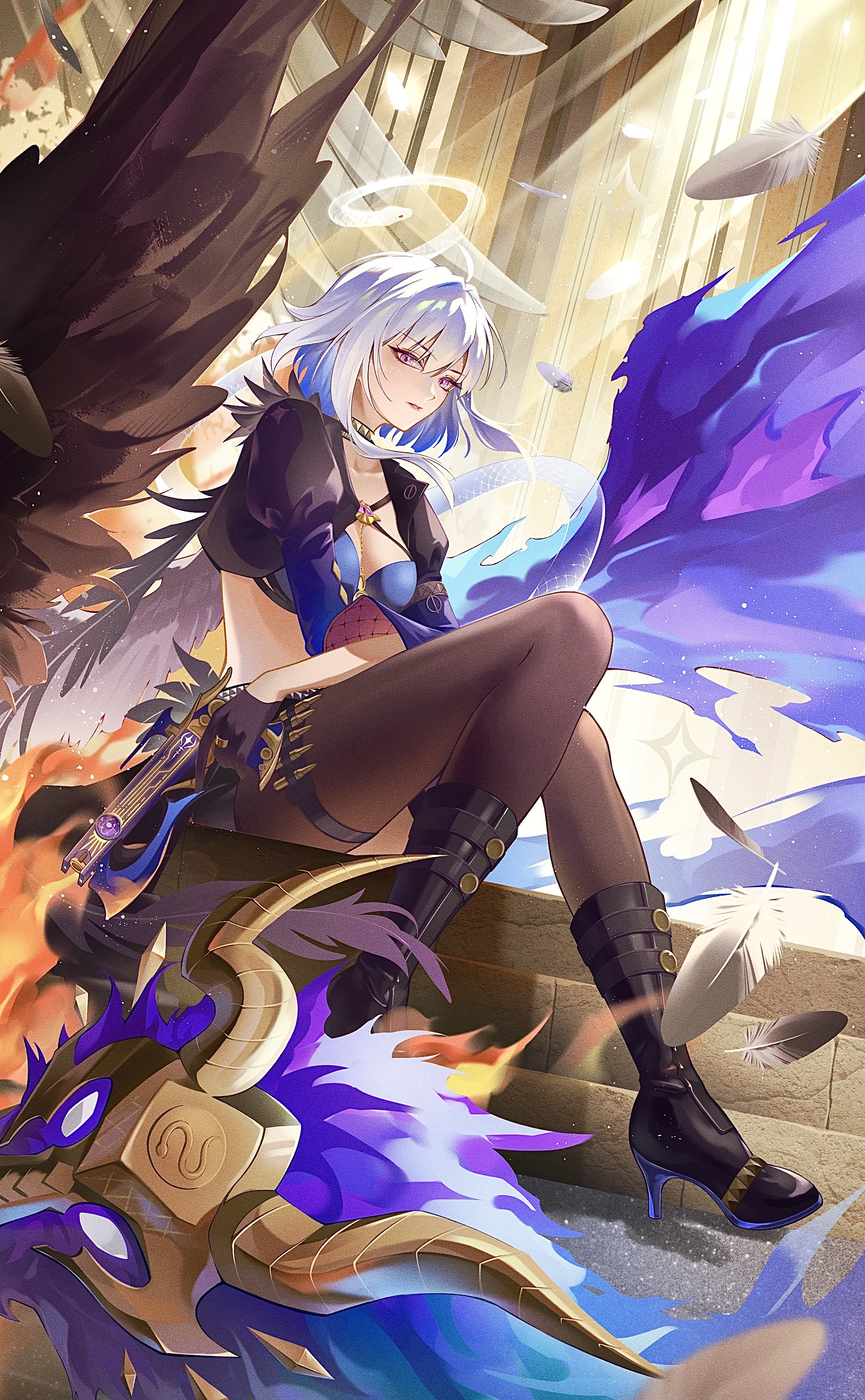 chigusa7h, galbrena (wuthering waves), wuthering waves, absurdres, commentary request, highres, revision, 1girl, asymmetrical wings, black boots, black jacket, black pantyhose, black thighhighs, blue bra, boots, bra, breasts, chimera (wuthering waves), closed mouth, cropped jacket, feathers, grey hair, gun, high heel boots, high heels, holding, holding gun, holding weapon, jacket, looking at viewer, medium breasts, medium hair, mismatched wings, pantyhose, purple eyes, single leg pantyhose, single thighhigh, sitting, solo, stomach, tacet discord (wuthering waves), thighhighs, underwear, weapon, wings