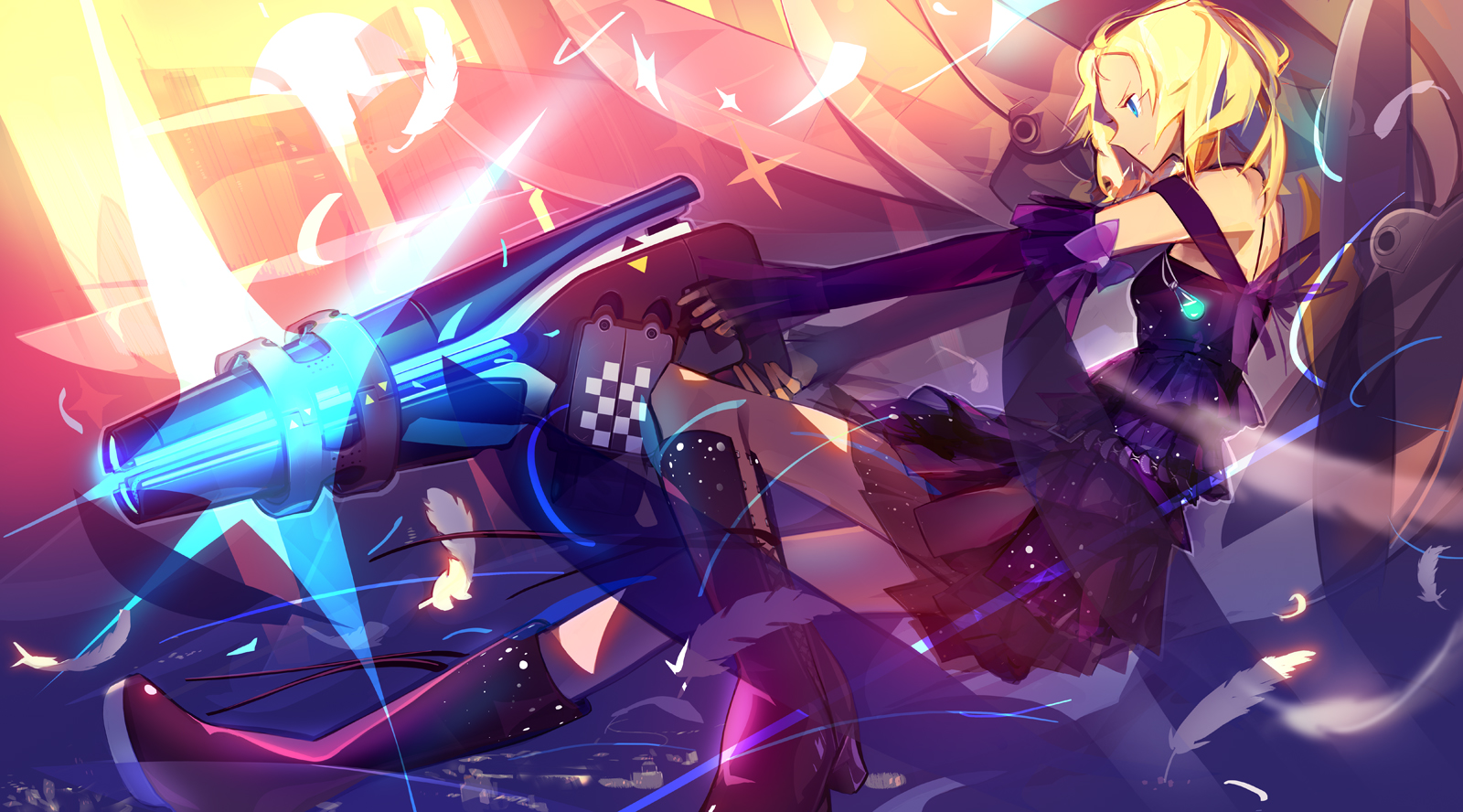 panamaman, s4 league, highres, blonde hair, blue eyes, boots, elbow gloves, feathers, gloves, gun, skirt, solo, weapon