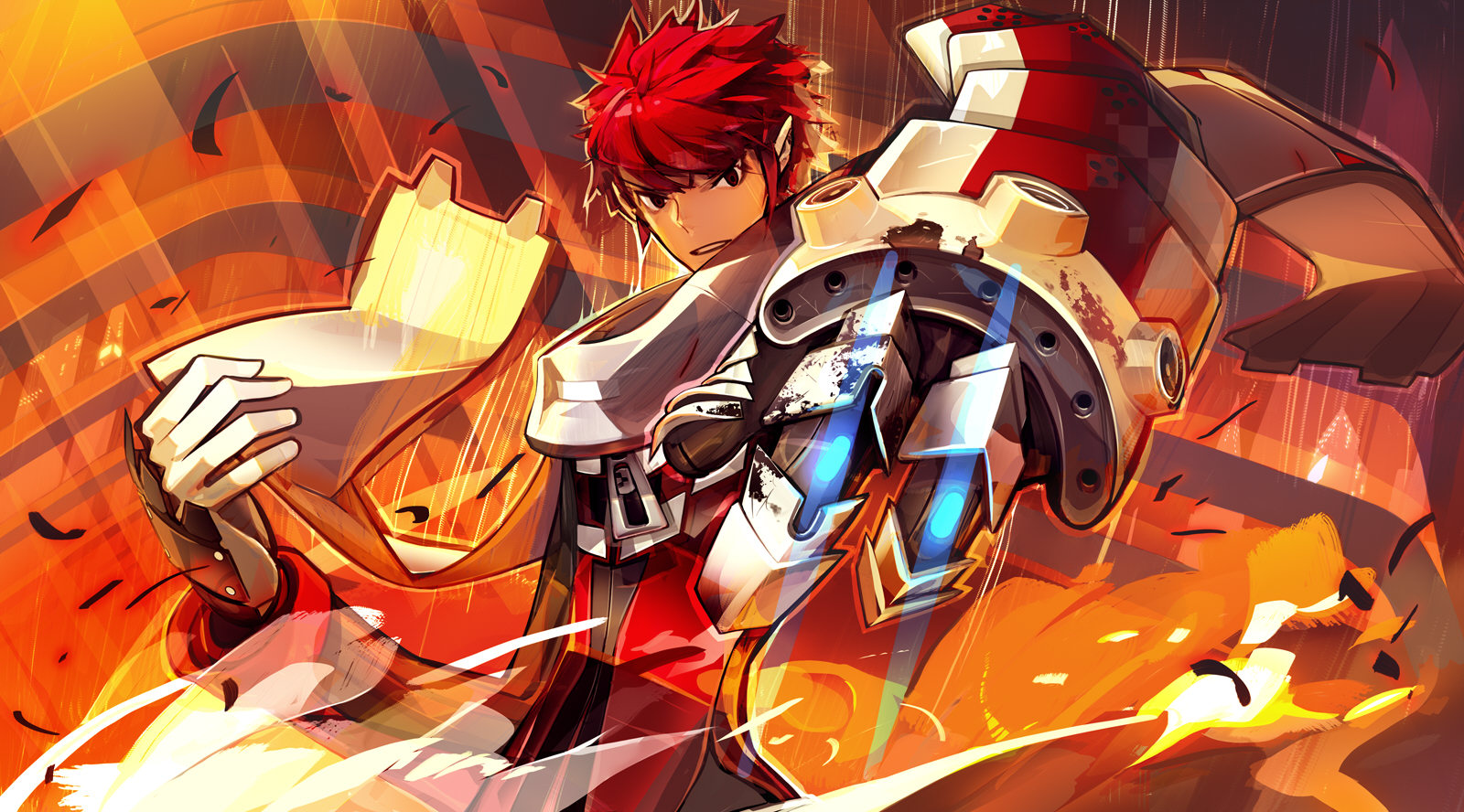 panamaman, s4 league, highres, 1boy, armor, male focus, pointy ears, red eyes, red hair, scarf, short hair, solo
