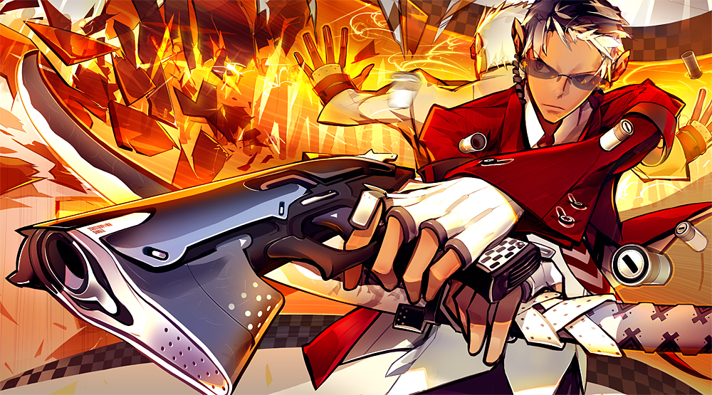panamaman, s4 league, 1boy, gloves, gun, male focus, necktie, shirt, solo, sunglasses, sword, weapon