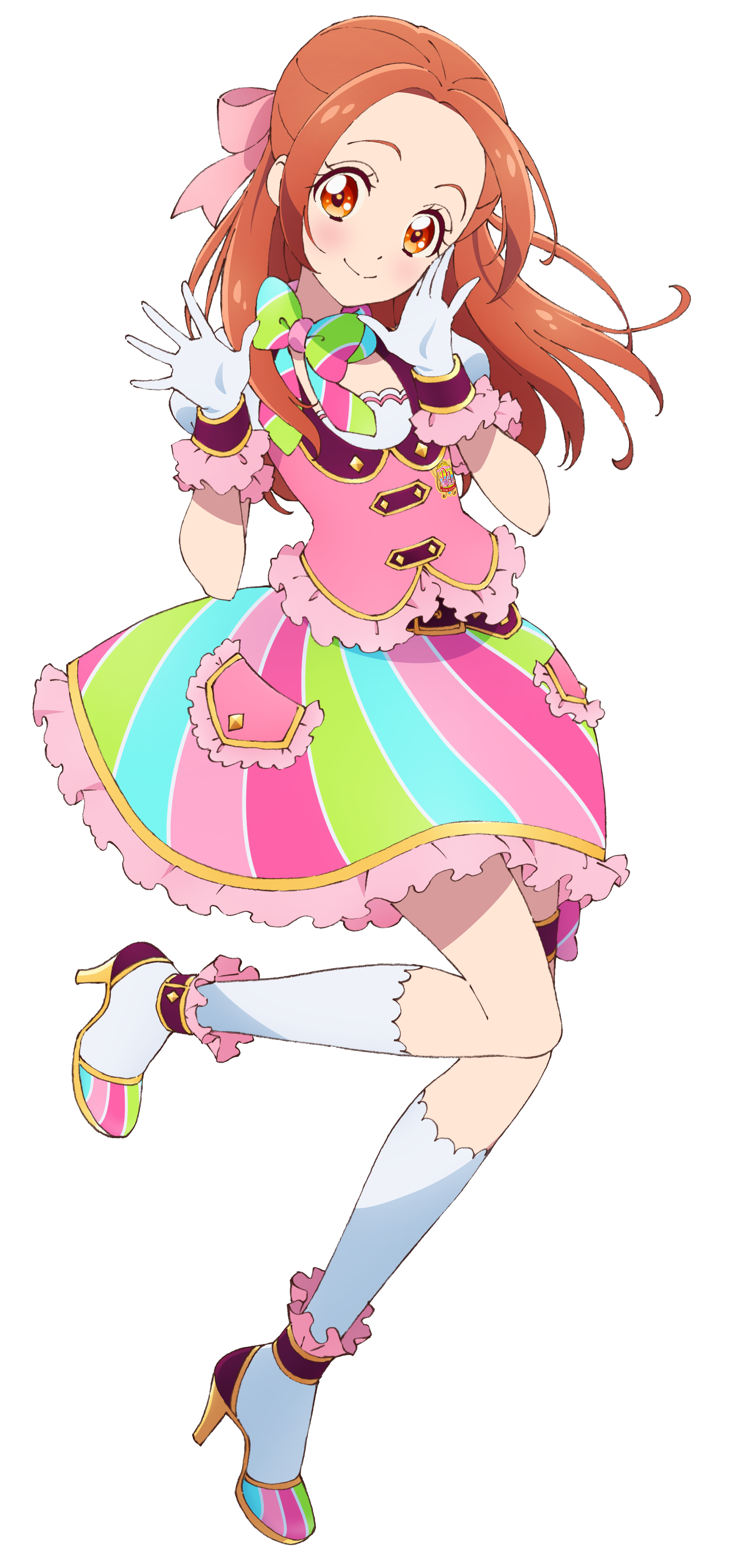 otoshiro noel, aikatsu! (series), aikatsu on parade!, absurdres, highres, official art, second-party source, 1girl, bow, brown eyes, brown hair, closed mouth, forehead, frilled shirt, frilled skirt, frills, full body, gloves, hair bow, hands up, high heels, long hair, looking at viewer, miniskirt, pink shirt, pink skirt, shirt, simple background, skirt, smile, socks, solo, standing, standing on one leg, white background, white gloves, white socks