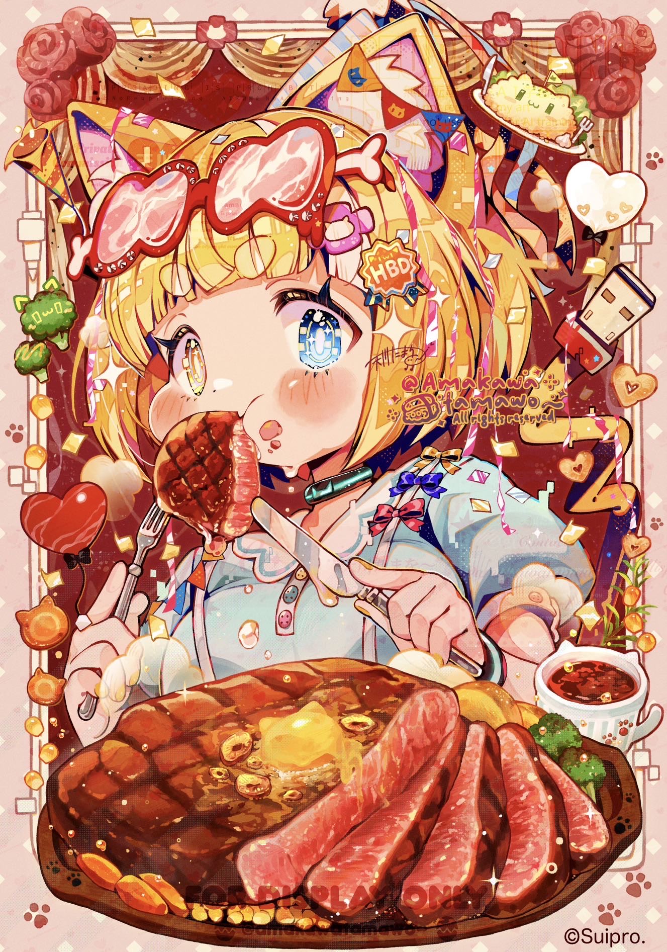 amakawa tamawo, original, commentary, commission, highres, 1girl, animal ear fluff, animal ears, artist name, blonde hair, blue eyes, blue shirt, blunt bangs, blush, border, bright pupils, cat ears, cat girl, copyright notice, cup, eating, eyewear on head, food, food-themed eyewear, food on face, fork, heterochromia, holding, holding fork, holding knife, knife, looking at viewer, paw print, pink border, red-framed eyewear, red background, shirt, short hair, short sleeves, solo, steak, thick eyebrows, upper body, white pupils, yellow eyes