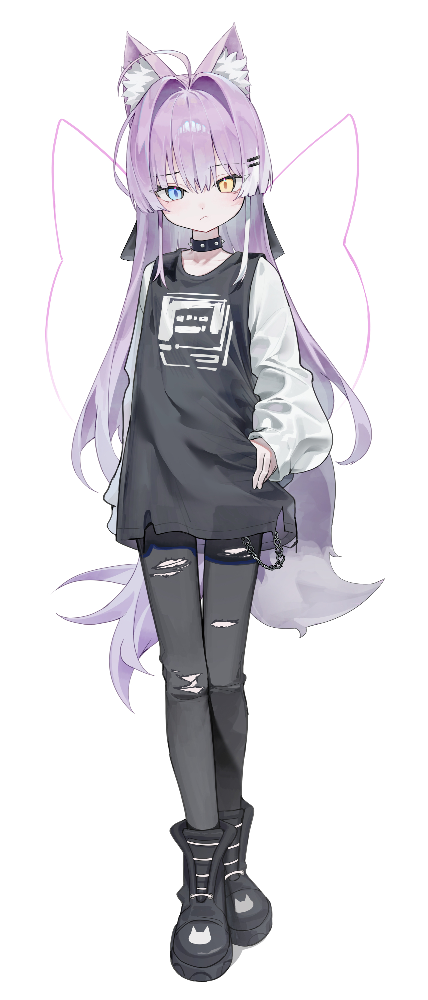 huu (dighapdlxm12), tenko shibuki, stellive, absurdres, highres, 1girl, animal ears, black boots, black leggings, black vest, blue eyes, boots, collar, fox ears, fox girl, fox tail, frown, full body, heterochromia, leggings, long hair, long sleeves, looking at viewer, multicolored hair, purple hair, shirt, simple background, spiked collar, spikes, standing, tail, torn clothes, torn leggings, vest, virtual youtuber, white background, white hair, white shirt, yellow eyes