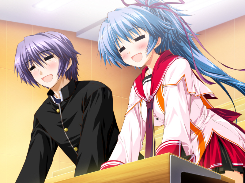 oshiki hitoshi, mitsumine minato, suzunone seven, game cg, 1boy, 1girl, blue hair, blush, closed eyes, open mouth, ponytail, purple hair, school uniform, smile