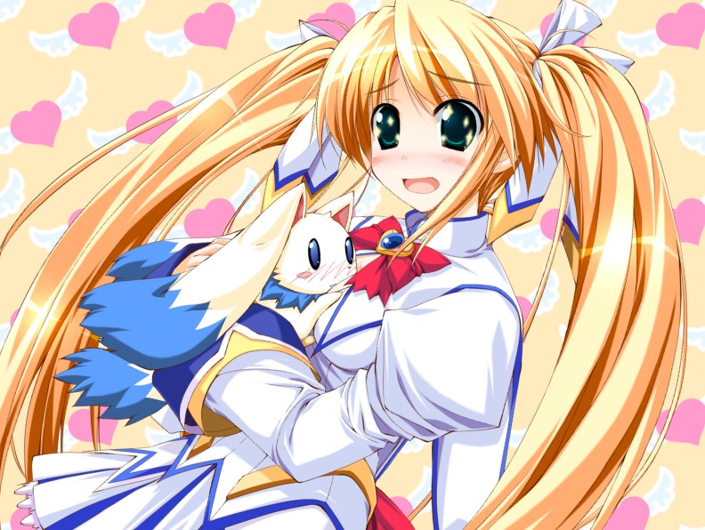 oshiki hitoshi, takamachi nanoha, takatori yuzuri, lyrical nanoha, mahou shoujo lyrical nanoha, suzunone seven, game cg, + +, 1girl, blonde hair, cosplay, female focus, hair ribbon, heart, long hair, ribbon, solo, takamachi nanoha (cosplay), twintails