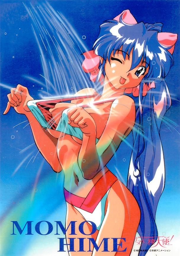 momohime (dancing blade), dancing blade, konami, 1girl, :p, bikini, blue hair, bow, female focus, long hair, one eye closed, pink bow, rainbow, solo, swimsuit, tongue, tongue out, wink