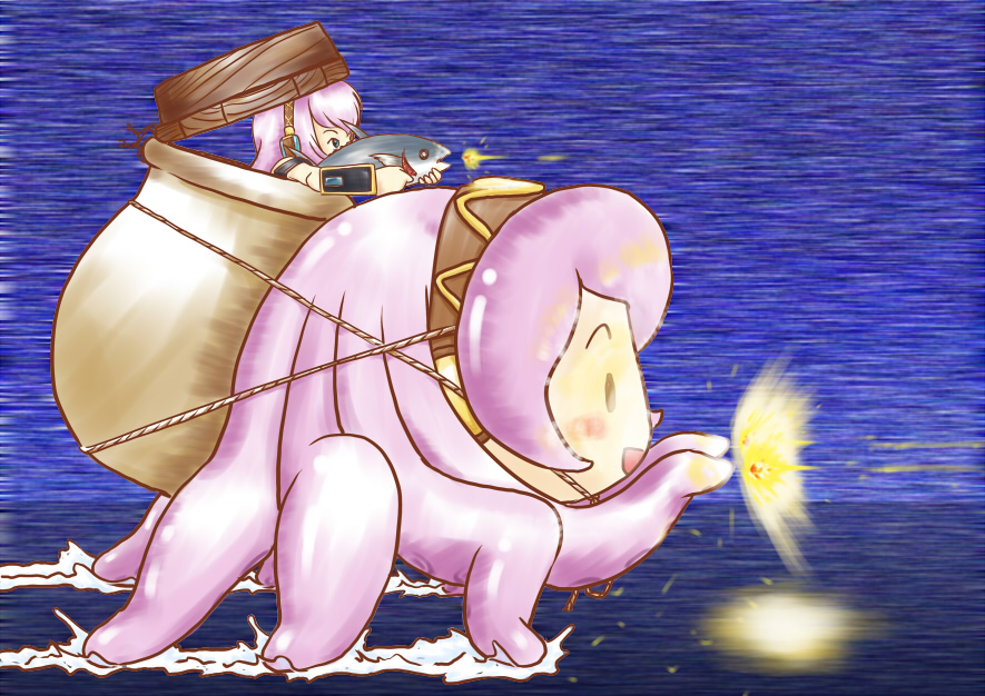 you yuri maribe, megurine luka, tachikoma, takoluka, ghost in the shell, vocaloid, pot, fish, parody, pink hair
