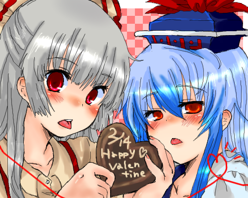 takamura, fujiwara no mokou, kamishirasawa keine, touhou, lowres, 2girls, blue hair, blush, chocolate, female focus, grey hair, happy valentine, heart, hime cut, looking at viewer, multiple girls, oekaki, red eyes, tongue, valentine