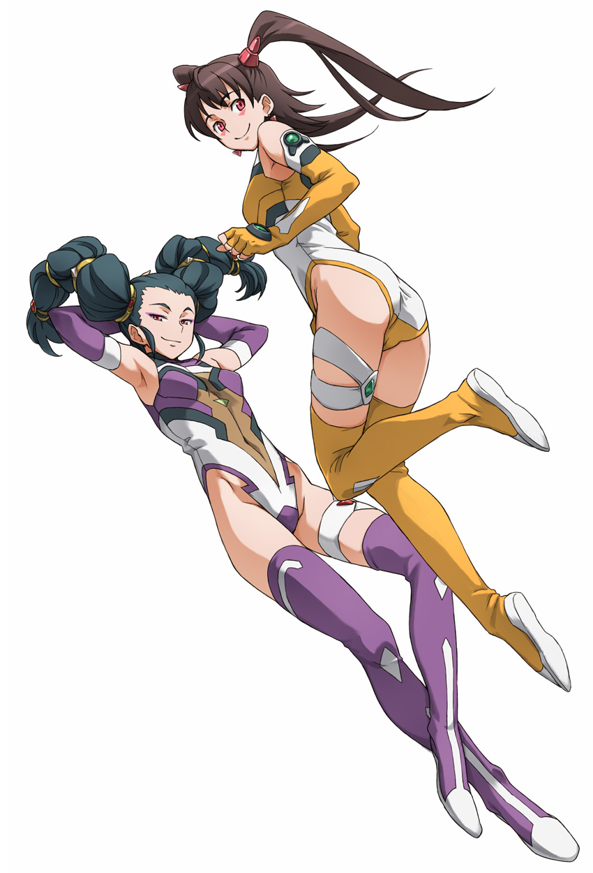 minato fumi, bougainvillea, mintao, sora wo kakeru shoujo, pilot suit, purple footwear, purple legwear, yellow legwear, highres, 00s, 2girls, ahoge, arms behind head, ass, bare shoulders, black hair, bodysuit, boots, breasts, clenched hand, covered navel, crossed legs, dutch angle, earrings, elbow gloves, eyeshadow, fingerless gloves, floating, from side, full body, gloves, groin, hair ornament, half-closed eyes, halterneck, highleg, highleg leotard, jewelry, leg lift, leotard, light smile, long hair, looking at viewer, looking back, makeup, multi-tied hair, multiple girls, naughty face, purple gloves, red eyes, short hair, short twintails, sidelocks, simple background, small breasts, smile, thigh boots, thigh strap, thighhighs, turtleneck, twintails, white background, yellow boots, yellow gloves