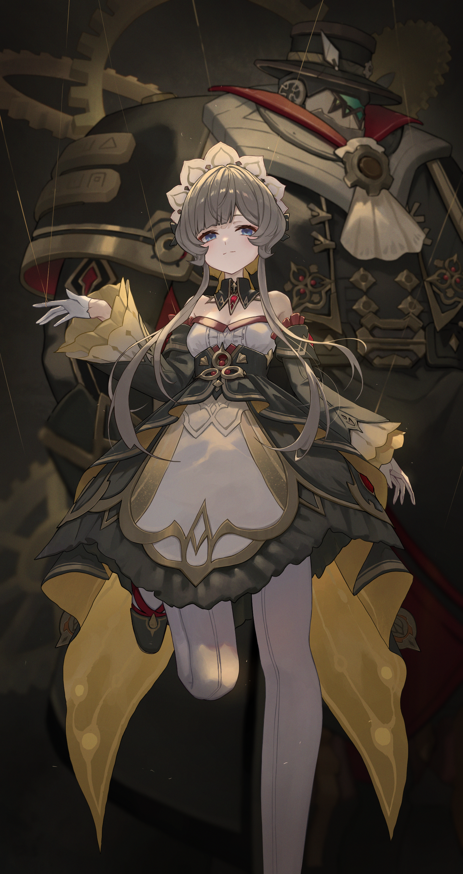 elmo (st elmomomo), pulonia (genshin impact), sandrone (genshin impact), genshin impact, absurdres, highres, 1girl, bare shoulders, black dress, black shoes, blue eyes, breasts, brown hair, cleavage, closed mouth, detached sleeves, dress, gloves, half gloves, hand up, headdress, long hair, long sleeves, looking at viewer, pantyhose, shoes, white gloves, white pantyhose, wide sleeves