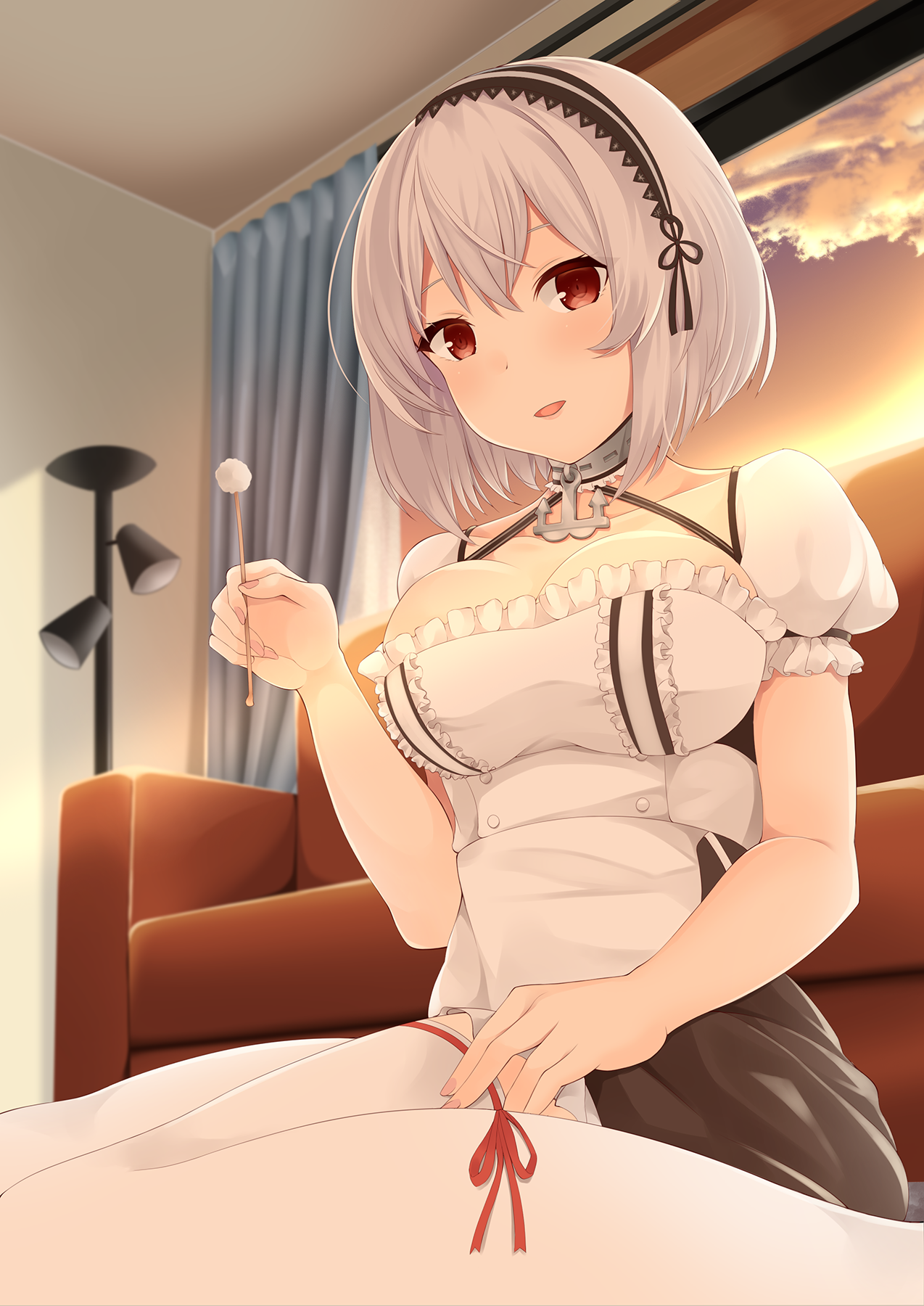 shaketarako, sirius (azur lane), azur lane, commentary request, highres, 1girl, black dress, breasts, cleavage, couch, curtains, dress, frills, hair between eyes, indoors, large breasts, looking at viewer, mimikaki, on floor, puffy short sleeves, puffy sleeves, red eyes, short hair, short sleeves, sitting, solo, thighhighs, two-tone dress, white hair, white thighhighs