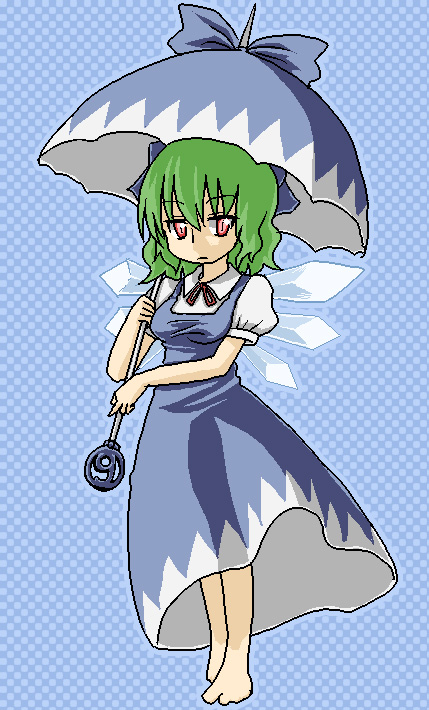 kujira lorant, cirno, kazami yuuka, touhou, 1girl, barefoot, bow, breasts, circled 9, cirno (cosplay), cosplay, dress, female focus, full body, green hair, red eyes, short hair, solo, umbrella, wings