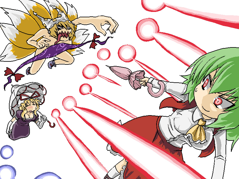 kujira lorant, kazami yuuka, yakumo ran, yakumo yukari, touhou, 3girls, angry, ascot, battle, blonde hair, breasts, censored, cleavage, closed umbrella, convenient censoring, danmaku, elbow gloves, female focus, fox tail, gap (touhou), gloves, green hair, hat, long hair, long tongue, multiple girls, multiple tails, nude, red eyes, short hair, skirt, skirt set, sweatdrop, tail, tongue, tongue out, tsurime, umbrella, vest
