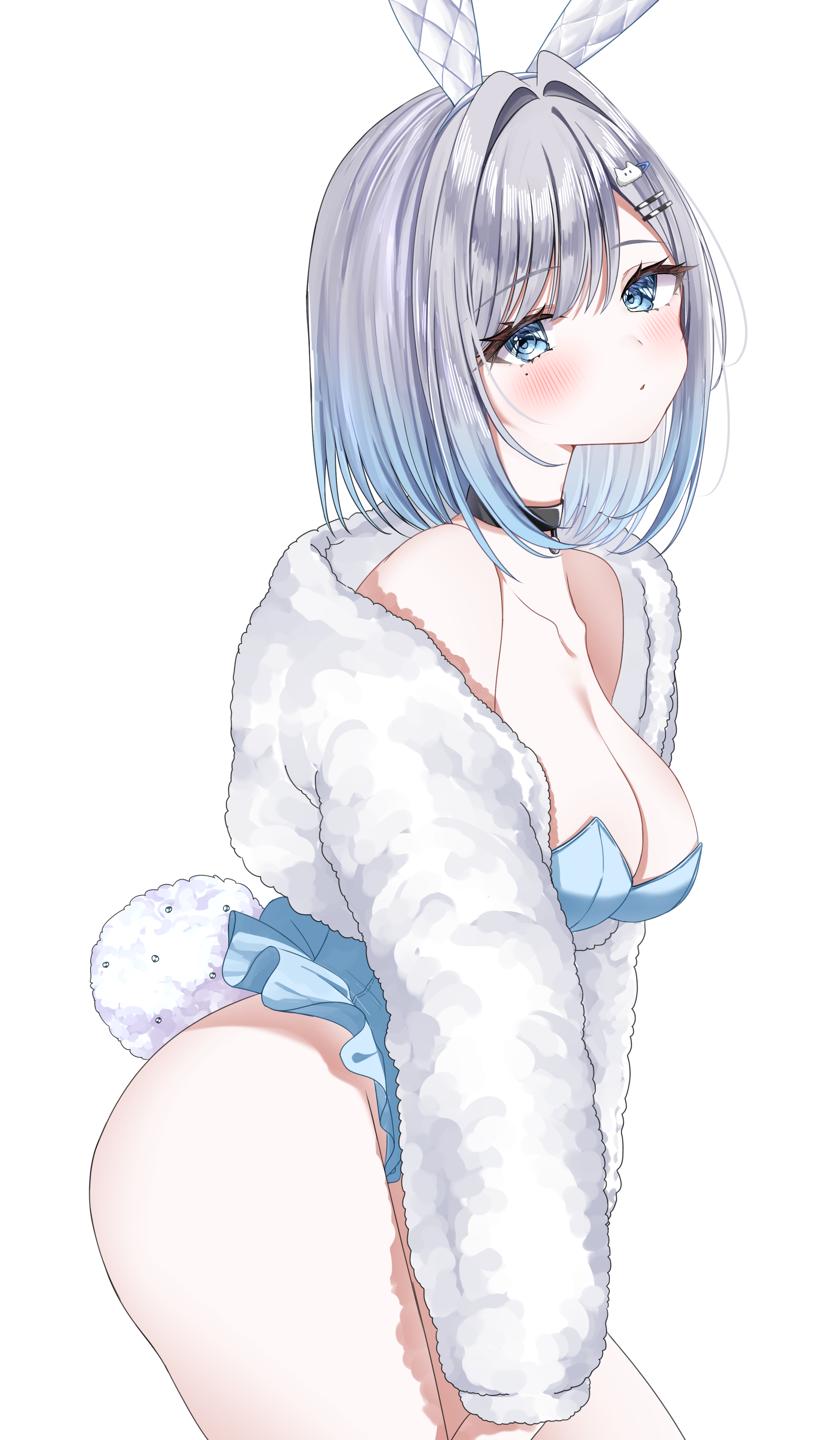 mint mia, kaga sumire, vspo!, absurdres, highres, 1girl, animal ears, bare shoulders, black choker, blue eyes, blue hair, blue leotard, blush, breasts, cat hair ornament, choker, cleavage, collarbone, cowboy shot, cropped jacket, eyelashes, fake animal ears, fake tail, frilled leotard, frills, from side, fur jacket, gradient hair, grey hair, hair intakes, hair ornament, hairclip, jacket, large breasts, leotard, long sleeves, looking at viewer, looking to the side, medium hair, mole, mole under eye, multicolored hair, off shoulder, parallel hairclips, parted lips, playboy bunny, rabbit ears, rabbit tail, simple background, solo, strapless, strapless leotard, swept bangs, tail, white background