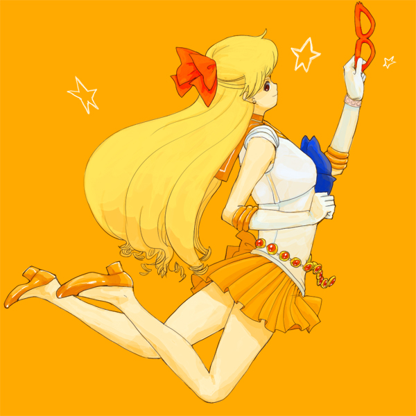 azuma yukihiko, aino minako, sailor venus, bishoujo senshi sailor moon, pretty guardian sailor moon, bad id, bad pixiv id, 1990s (style), 1girl, belt, blonde hair, blue eyes, bow, elbow gloves, female focus, flats, glasses, gloves, hair bow, half updo, high heels, jewelry, jewelry star bracelet, jumping, long hair, magical girl, miniskirt, orange background, orange shoes, orange skirt, orange theme, red bow, retro artstyle, shoes, simple background, skirt, solo, star (symbol), white gloves