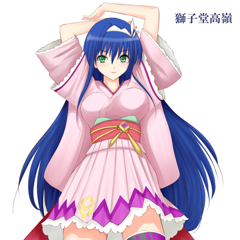 niwatori kokezou, shishidou takane, sora wo kakeru shoujo, 00s, 1girl, blue hair, breasts, female focus, green eyes, japanese clothes, kimono, kimono skirt, large breasts, solo, thighhighs