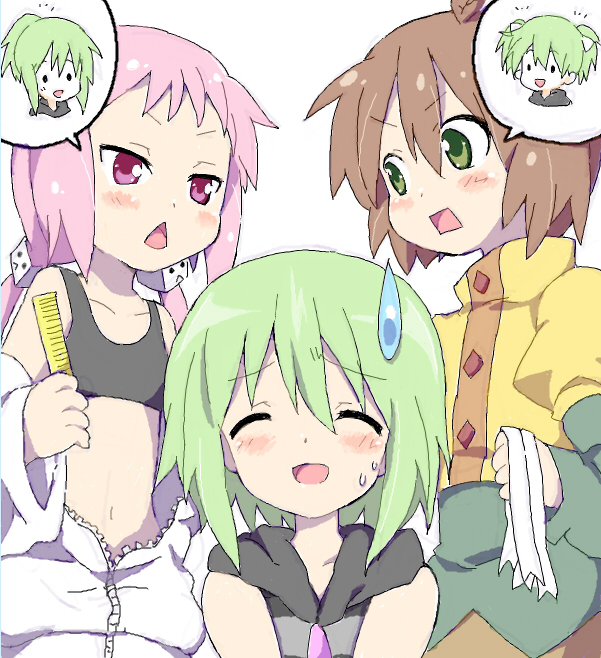 maruki (punchiki), kl-chan, mono (character), punchiki (character), original, bad id, bad pixiv id, 3girls, :<, closed eyes, comb, green hair, hair ornament, hair ribbon, hairdressing, multiple girls, open mouth, pink eyes, pink hair, ponytail, ribbon, short twintails, sweat, sweatdrop, triangle mouth, twintails