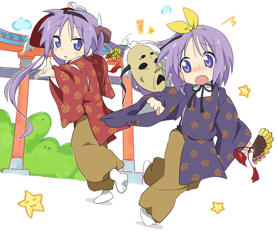 ixy, t, hiiragi kagami, hiiragi tsukasa, lucky star, 00s, 2girls, blush, hair ribbon, hairband, hand fan, long hair, mask, multiple girls, open mouth, purple hair, ribbon, short hair, siblings, sisters, standing, tongue, torii, twins