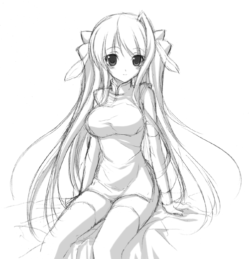 haoto luna, ryuubi (koihime musou), koihime musou, original, 00s, china dress, chinese clothes, dress, greyscale, monochrome, sketch, solo, thighhighs