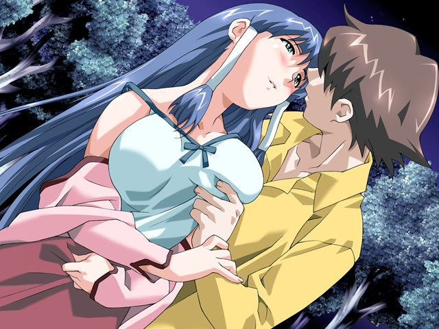 happoubi jin, amou yuki, nogi yukito, hooligan, game cg, 00s, 1boy, 1girl, aqua eyes, blue hair, blush, bow, breast lift, breasts, brown hair, camisole, casual, couple, dress shirt, dutch angle, eye contact, faceless, faceless male, grabbing another's breast, grin, groping, hair over eyes, hair tubes, head tilt, hetero, holding another's wrist, large breasts, long hair, looking at another, nature, night, night sky, off shoulder, outdoors, shawl, shirt, short hair, sidelocks, skirt, sky, smile, standing, tree, unaligned breasts, very long hair