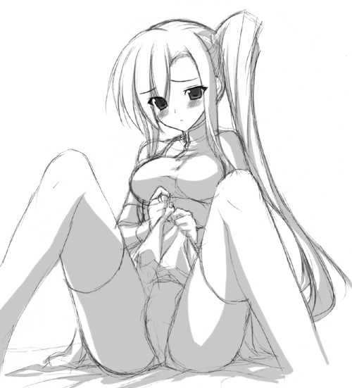 haoto luna, kan'u (koihime musou), koihime musou, bad tag, 00s, clothes lift, greyscale, monochrome, side ponytail, sketch, skirt, skirt lift, solo, spread legs, thighhighs