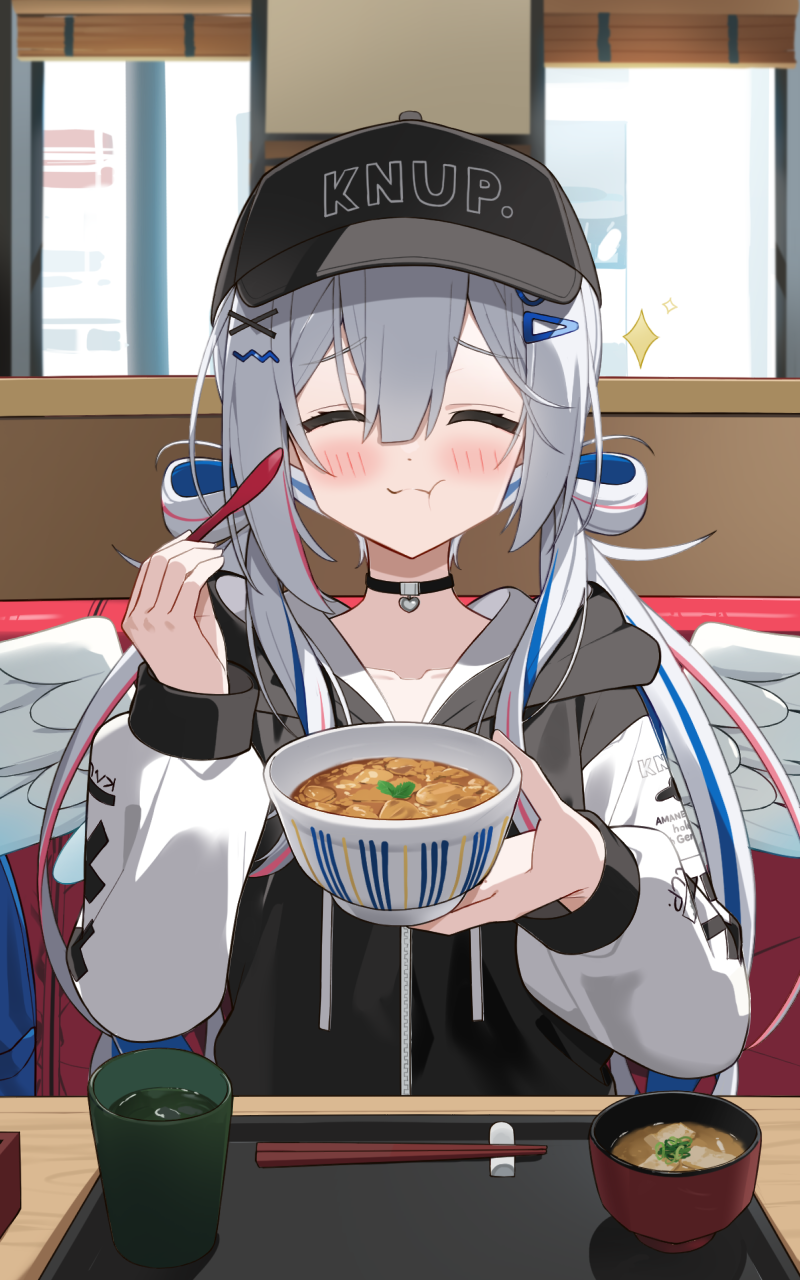yoru no yayoi, amane kanata, amane kanata (lock on), hololive, food request, highres, 1girl, :t, angel wings, baseball cap, black choker, black hat, black hoodie, blue hair, blush, bowl, choker, chopsticks, closed eyes, closed mouth, cup, desk, drawstring, eating, facing viewer, feathered wings, grey hair, hair ornament, hairclip, hat, holding, holding bowl, holding chopsticks, hood, hood down, hoodie, indoors, long hair, multicolored hair, no halo, sidelocks, smile, solo, streaked hair, tray, triangle hair ornament, virtual youtuber, white wings, window, wings, x hair ornament