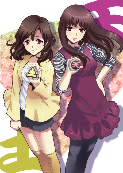 izumi rion, hanaori kotoha, shiraishi mako, samurai sentai shinkenger, super sentai, tokusatsu, striped, 2girls, animification, blush, brown eyes, brown hair, cardigan, kneehighs, long hair, multiple girls, shorts, smile, socks, turtleneck
