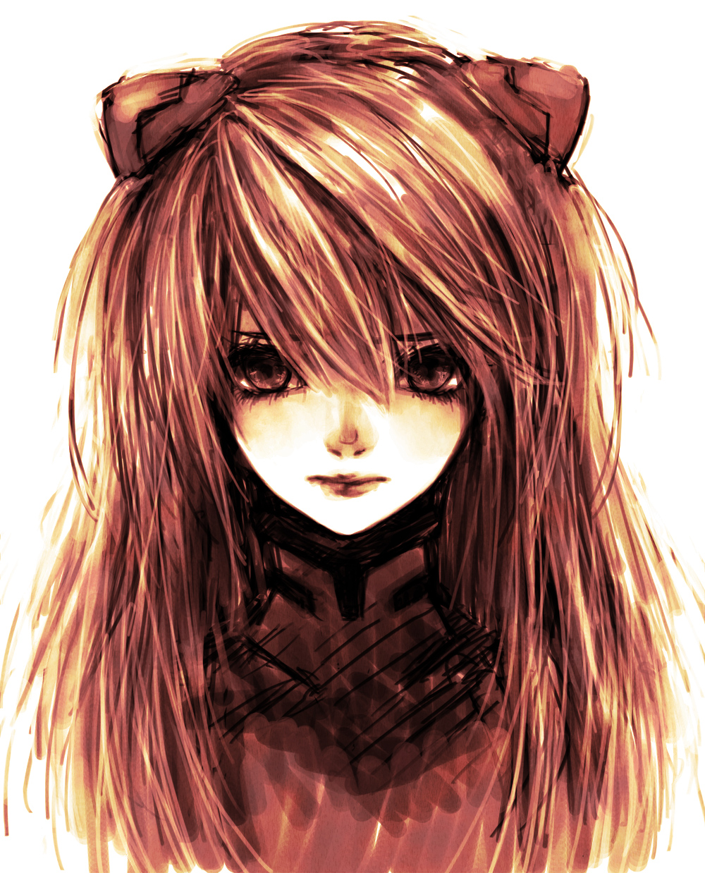 akatsuki byakuya, souryuu asuka langley, neon genesis evangelion, bad id, bad pixiv id, highres, 1girl, blue eyes, female focus, hair ornament, hairclip, long hair, monochrome, red hair, sepia, solo