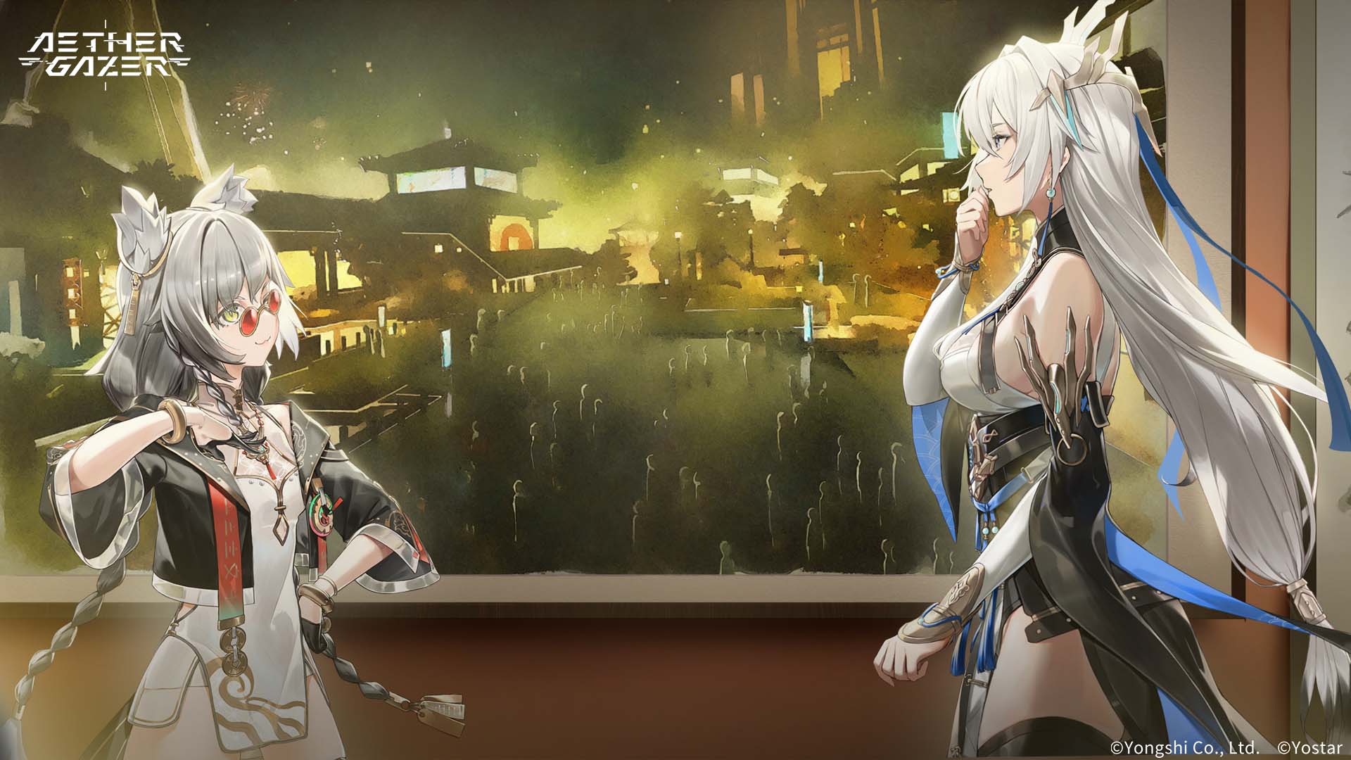 gengchen (aether gazer), luliang (aether gazer), aether gazer, artist request, highres, official art, 2girls, animal ear fluff, animal ears, black gloves, black jacket, braid, breasts, china dress, chinese clothes, closed mouth, copyright name, copyright notice, cropped jacket, dress, earrings, flat chest, glasses, gloves, green eyes, grey hair, half gloves, jacket, jewelry, long hair, multiple girls, night, night sky, open clothes, open jacket, red-tinted eyewear, short dress, sideboob, sky, smile, tassel, tinted eyewear, twin braids, white dress, white hair