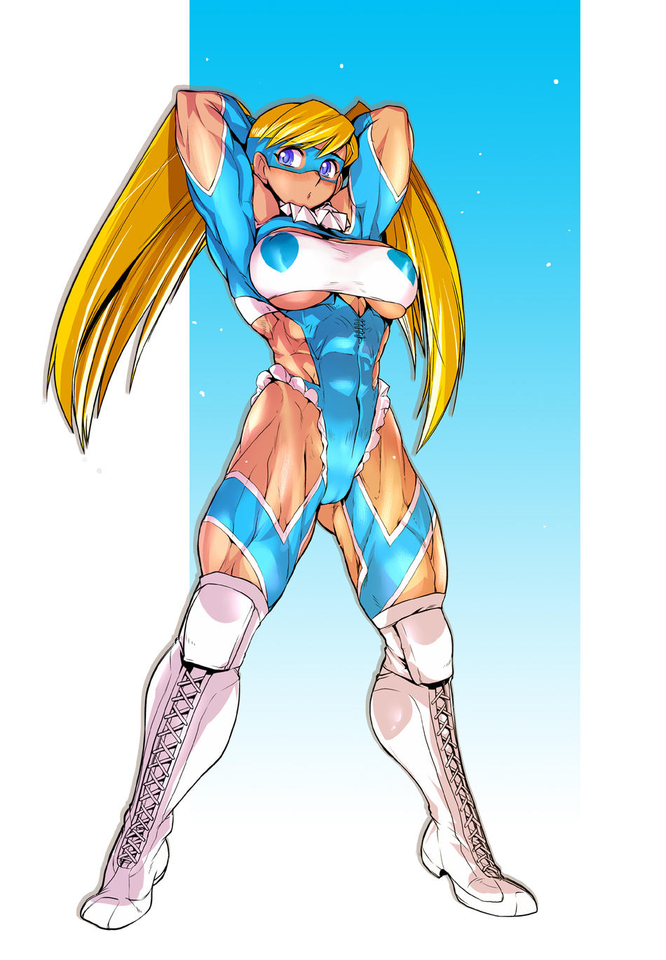ez6, rainbow mika, capcom, street fighter, street fighter zero (series), highres, 1990s (style), 1girl, abs, armpits, arms up, blonde hair, blue eyes, blush, boots, breasts, cameltoe, female focus, heart, knee boots, knee pads, large breasts, leotard, long hair, mask, muscular, muscular female, narrow waist, retro artstyle, solo, thick thighs, thighs, toned, twintails, underboob, wrestling outfit