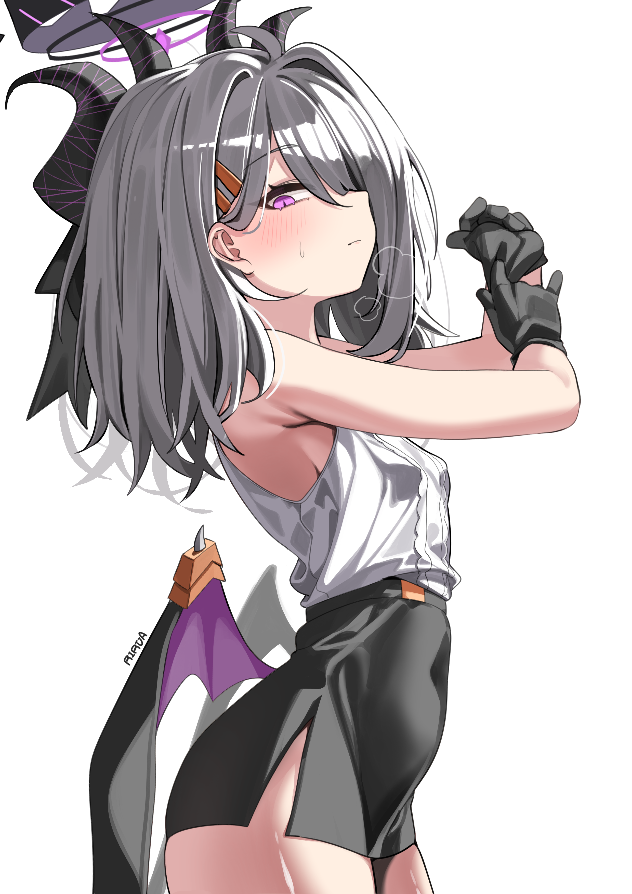 rirua (kjom802), hina (blue archive), blue archive, absurdres, highres, 1girl, armpits, arms up, bare shoulders, black gloves, black skirt, blush, breasts, covered navel, gloves, grey hair, hair ornament, hairclip, halo, high-waist skirt, horns, long hair, looking at viewer, low wings, multiple horns, pencil skirt, purple eyes, purple halo, shirt, simple background, skirt, sleeveless, sleeveless shirt, small breasts, solo, white background, white shirt, wings