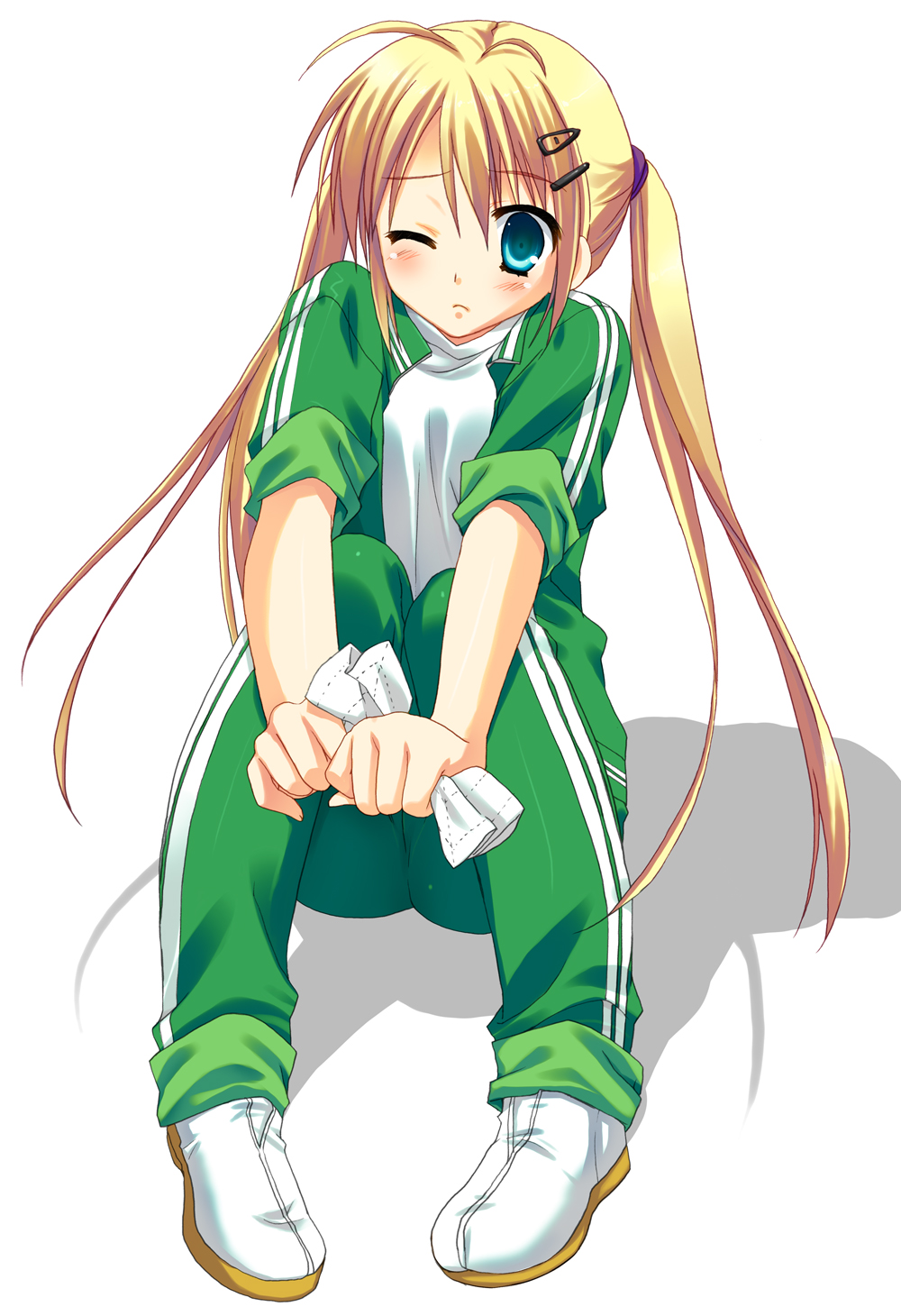 sesena yau, original, highres, 1girl, antenna hair, blonde hair, blue eyes, blush, cleaning rag, female focus, full body, hair ornament, hairclip, jacket, knees together feet apart, long hair, one eye closed, open clothes, open jacket, shoes, simple background, sitting, sleeves rolled up, solo, squatting, tears, track suit, twintails, v arms, wince, wink