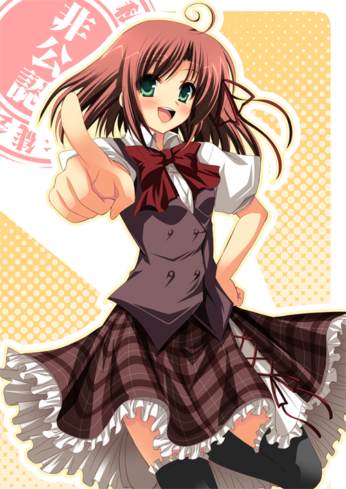 yukizuki chikuba, sakurano kurimu, seitokai no ichizon, 00s, 1girl, female focus, green eyes, pointing, school uniform, solo, thighhighs