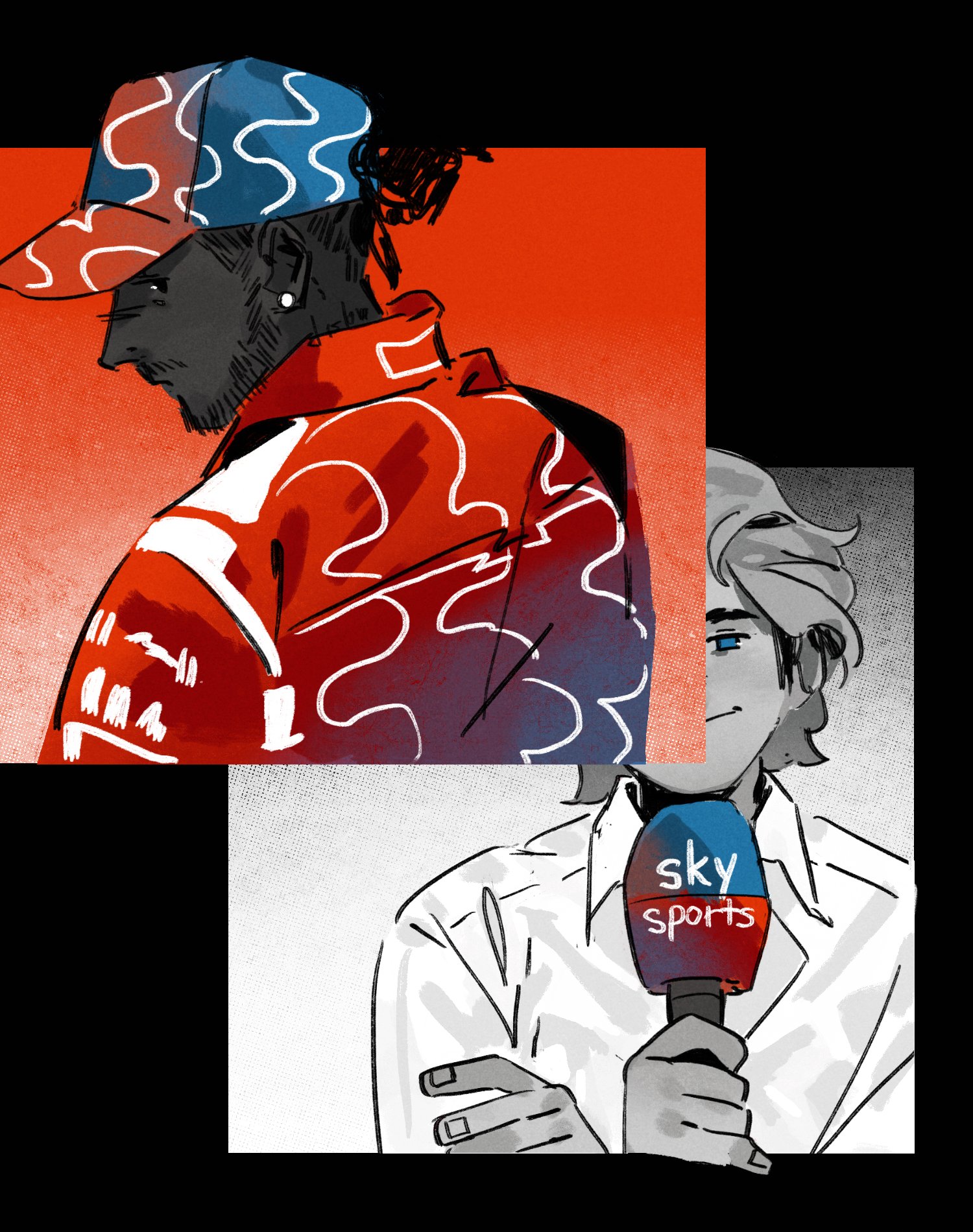 lewis hamilton, nico rosberg, formula one, real life, commentary, english commentary, highres, 2boys, baseball cap, beard, black skin, blue eyes, closed mouth, collared shirt, colored skin, dark-skinned male, dark skin, earrings, facial hair, hat, holding, holding microphone, jewelry, looking at viewer, male focus, microphone, multiple boys, partially colored, racing suit, red racing suit, shirt, short hair, smile, sog goog, stud earrings, two-tone hat
