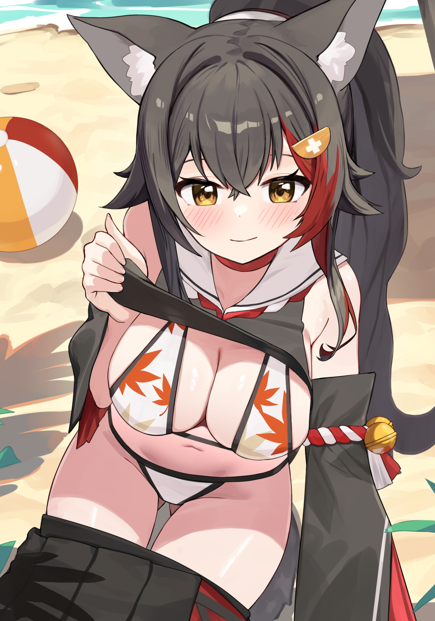 woogi (duguddnr), ookami mio, hololive, highres, 1girl, animal ears, ball, beachball, bikini, bikini under clothes, black hair, black skirt, blush, breasts, clothes lift, clothes pull, detached sleeves, hair ornament, hairclip, large breasts, lifting own clothes, looking at viewer, multicolored hair, navel, outdoors, ponytail, print bikini, red hair, shirt lift, sitting, skirt, skirt pull, smile, solo, streaked hair, swimsuit, tail, virtual youtuber, white bikini, wolf ears, wolf girl, wolf tail