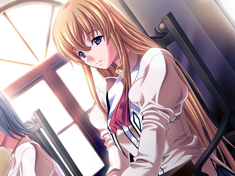 m&m, alsia elgrant, magical witch academy, game cg, non-web source, 00s, 2girls, ascot, blonde hair, dutch angle, indoors, long hair, multiple girls, orange hair, purple eyes, red ascot, school uniform, sitting, smile, solo focus