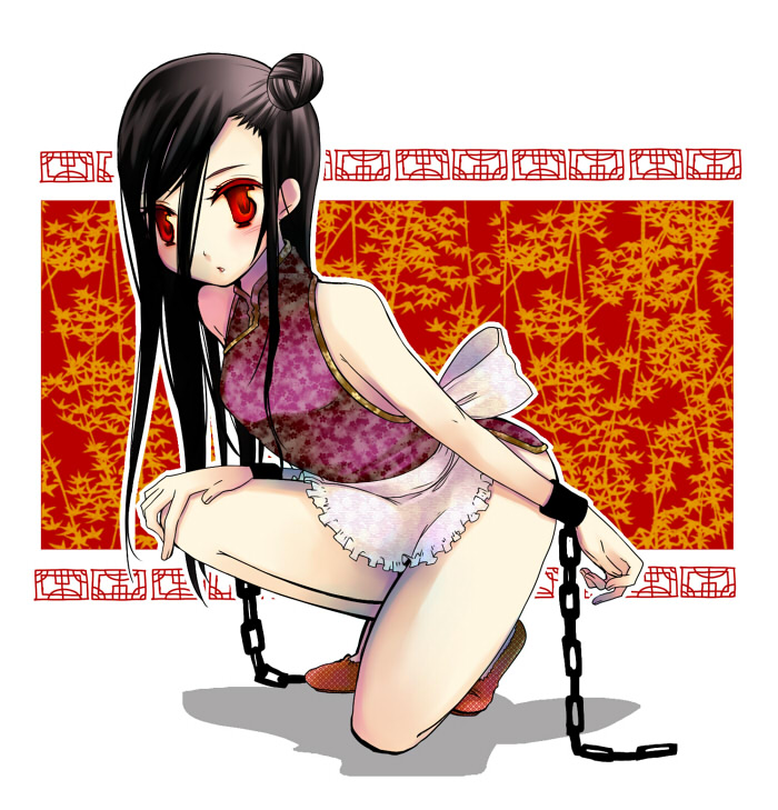 toriumi itachi, 1girl, chain, china dress, chinese clothes, cuffs, dress, female focus, solo