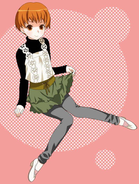 mattaku mousuke, original, black leggings, blouse, brown hair, fashion, leggings, polka dot, shirt, short hair, skirt, solo