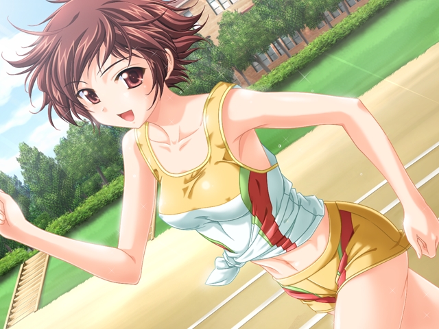 lugosi ela, kirisato akane, joshiryou joku ~ryouke bijin shimai odorigui~, game cg, non-web source, 1girl, armpits, bare shoulders, breasts, brown eyes, brown hair, covered erect nipples, dutch angle, female focus, gym, running, shirt, short hair, short shorts, shorts, sleeveless, small breasts, solo, tied shirt, track and field